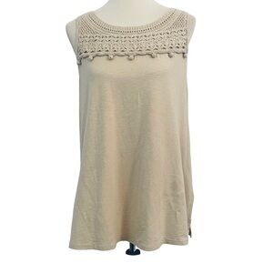J. Jill Tan Knit Tunic Top with Crochet Pom Pom Detail Sleeveless Womens Sz M